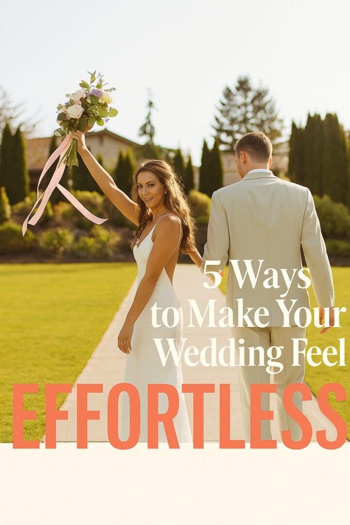 Bride and groom holding hands during their wedding ceremony with text overlay '5 Ways to Make Your Wedding Feel Effortless