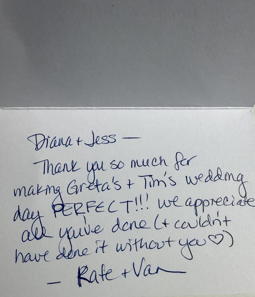 ide-by-side images showing a text message from the bride expressing gratitude and a handwritten thank-you card from the mother of the bride.