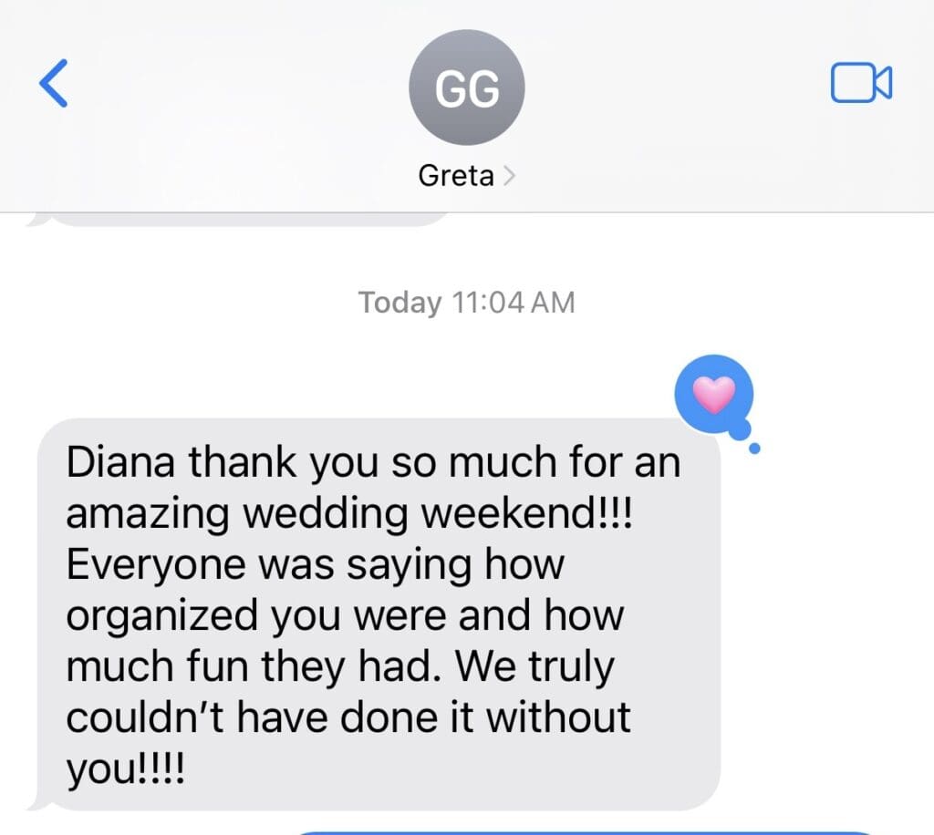 ide-by-side images showing a text message from the bride expressing gratitude and a handwritten thank-you card from the mother of the bride.