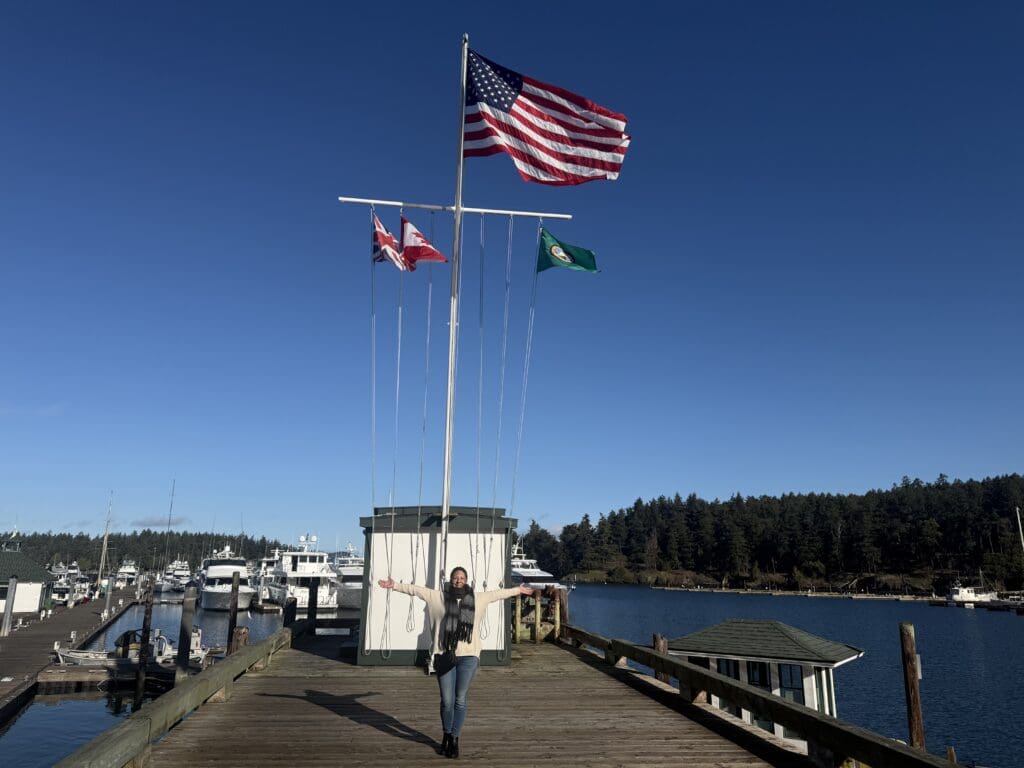 Roche Harbor marina dock with flags on San Juan Island